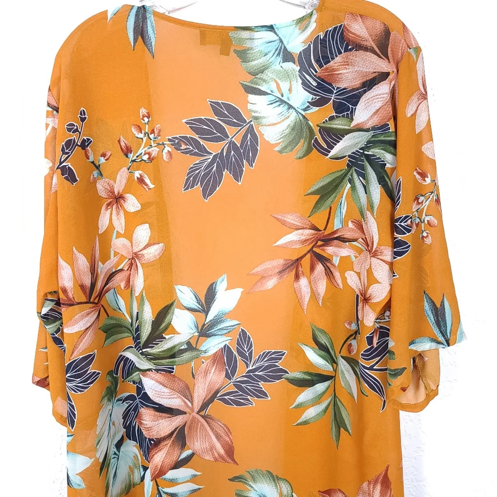 L&B Sheer Floral Kimono Cardigan – Orange Green Boho Resort Style – Small - Picture 7 of 9